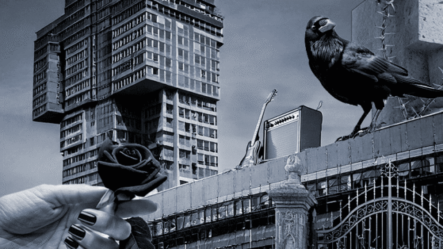 A surreal gothic-themed digital collage featuring a dark, modernist building, a black rose, a raven, a guitar amp, and a mysterious hand with black nails holding the rose.