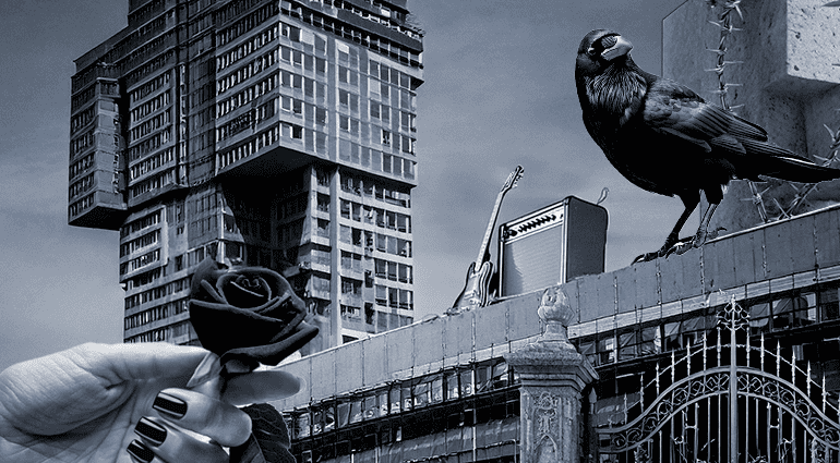 A surreal gothic-themed digital collage featuring a dark, modernist building, a black rose, a raven, a guitar amp, and a mysterious hand with black nails holding the rose.