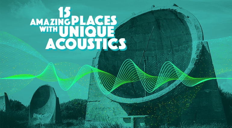 A large parabolic sound mirror with sound waves illustrated, representing unique acoustic locations.